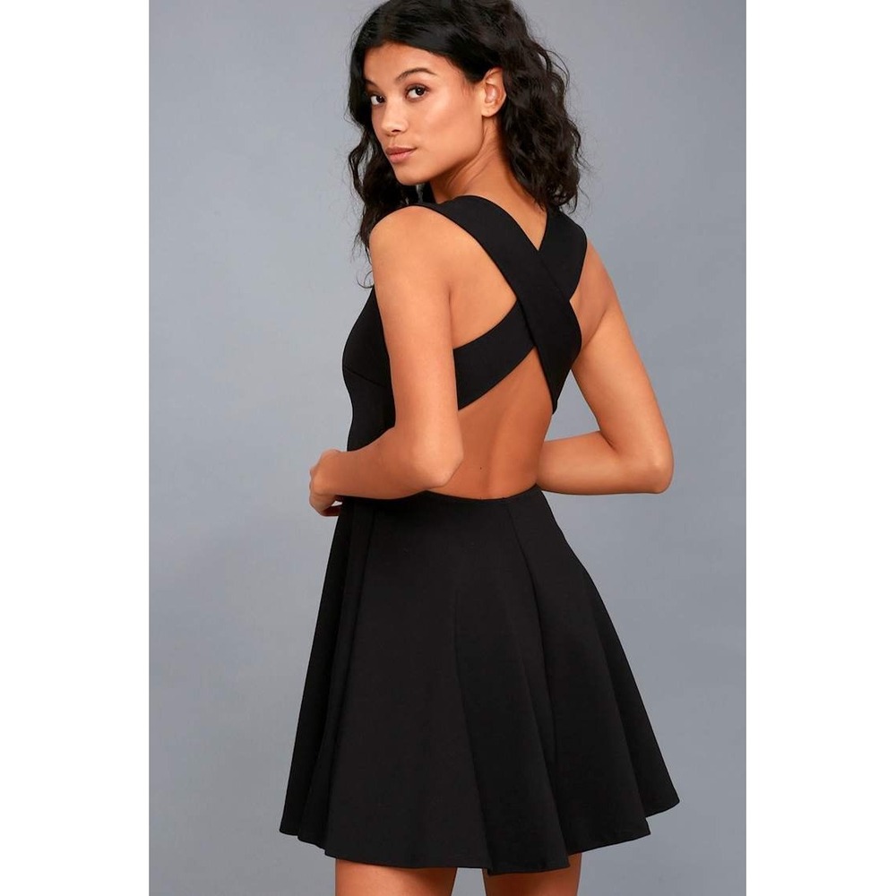 Lulus Skater Dress‎ Women XS Black Crisscross Back V-Neck Mini DD2733 Cocktail